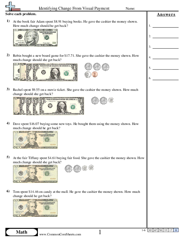 Identifying Change From Visual Payment worksheet